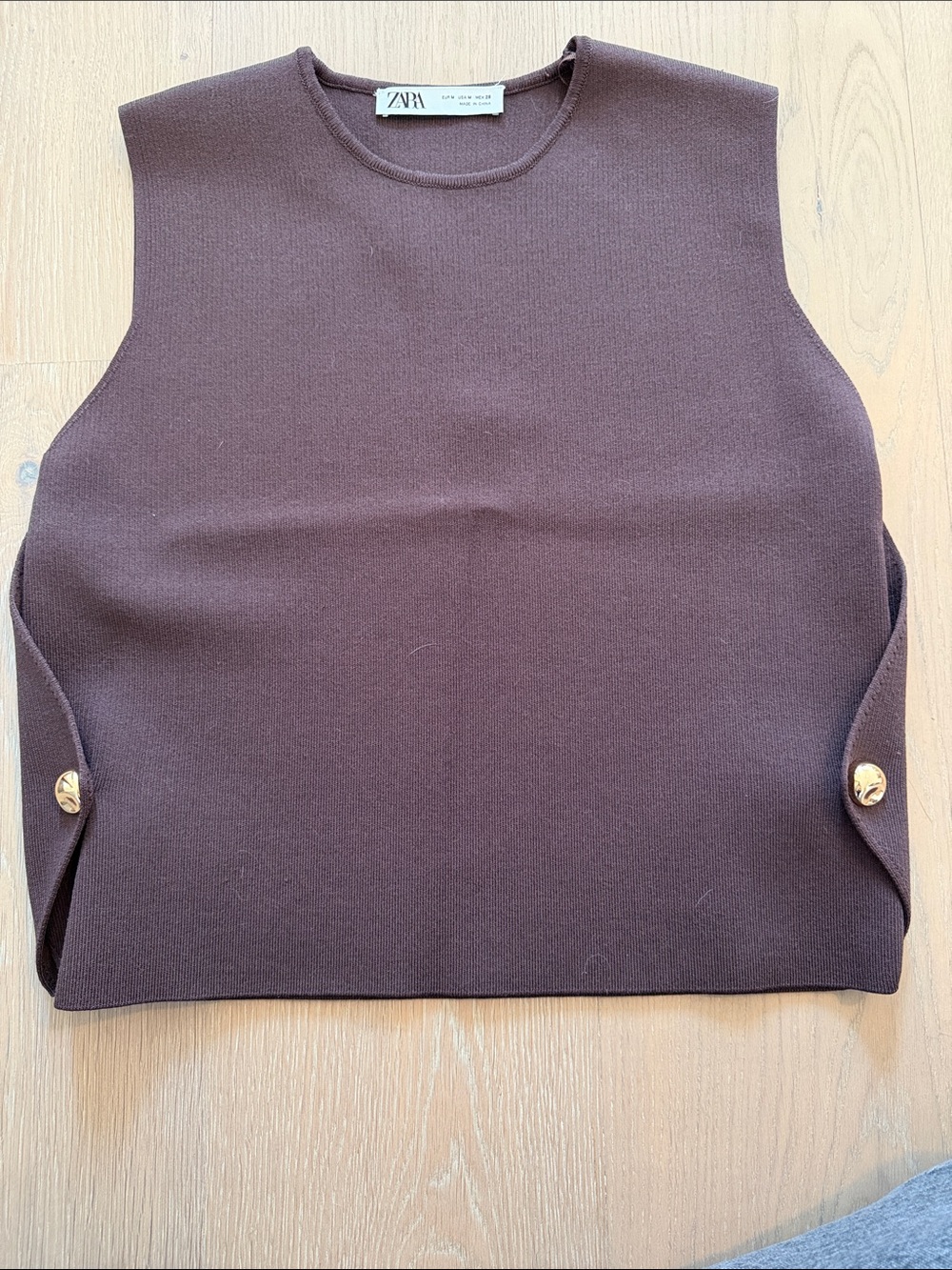 ZARA Chocolate Brown Sleeveless Knit Tank with Gold Buttons